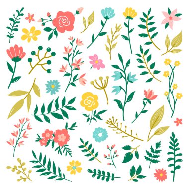 İlk bahar ormanı ve bahçe çiçekleri beyaz vektör kümesine izole edilmiş. İlkbahar ve yaz bahçesinde doğanın resmi.