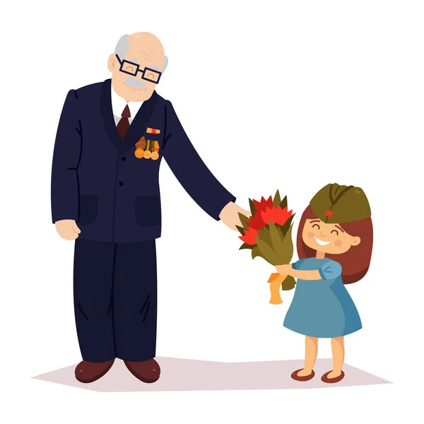 Flickan Ger Blommor Till Veteranen Maj Segerdagen Morfar Och Dotter — Stock vektor
