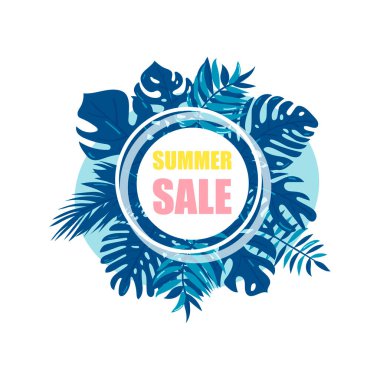 Yaz indirimi afişi, palmiye yapraklı poster, orman yaprağı. Çiçekli tropik yaz geçmişi. Vektör resimleme şablonu
