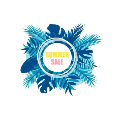 Yaz indirimi afişi, palmiye yapraklı poster, orman yaprağı. Çiçekli tropik yaz geçmişi. Vektör resimleme şablonu