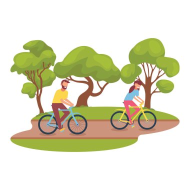 Parktaki bisikletçilerin vektör çizimi. Bisikletçiler parkta yürürler..