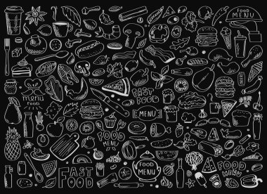 Elle çizilmiş sağlıklı besin bileşenleri vektör harfleriyle çizilmiş..