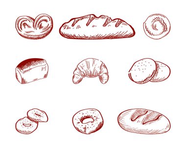 El çizimi çizgi film yemekleri: çörek, çörek, bisküvi, dilimlenmiş ekmek, simit, Fransız ekmeği, kruvasan. Vektör çizimi. Un ürünlerinin esrarengiz bir koleksiyonu. Kavram. Fırın