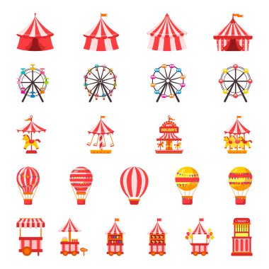 Karnaval seti. Eğlence parkı. İzole edilmiş beyaz arkaplanda vektör illüstrasyonu.