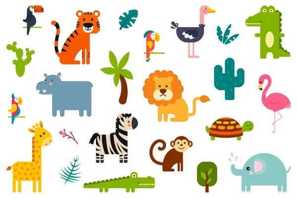 Set Popular Colorful Vector Tropical Animals Birds — Stock Vector