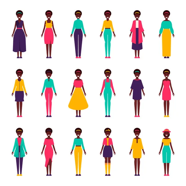 Chicas Con Una Colección Ropa Afroamericano Conjuntos Brillantes Ilustración Vectorial — Archivo Imágenes Vectoriales