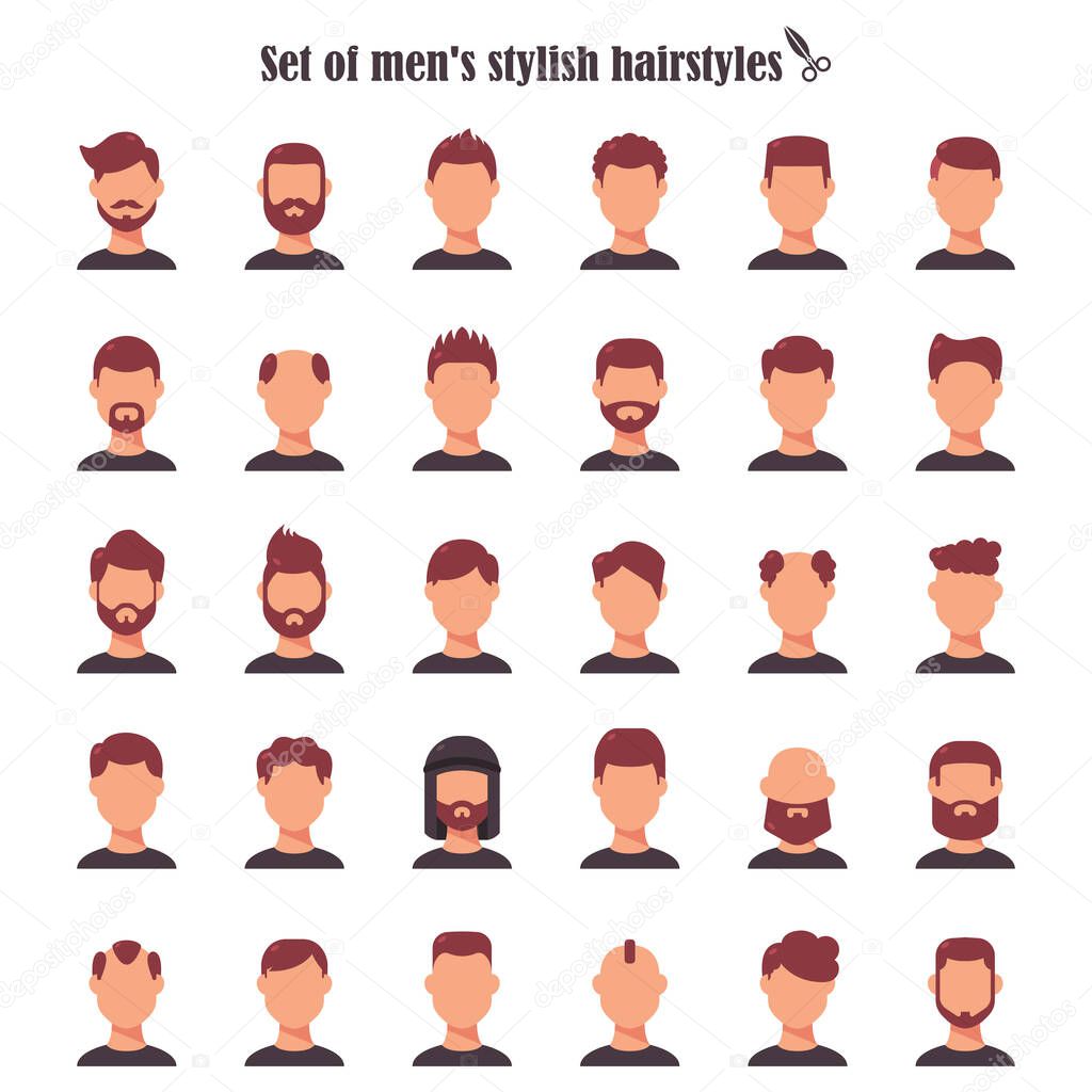 Retro Hairstyle Men. male retro hair. Mohawk Hair, Hairstyles dating rock, Hairdo, skinhead. The classic and trendy. salon hairstyles for haircut. icon vector on set isolated on white background.