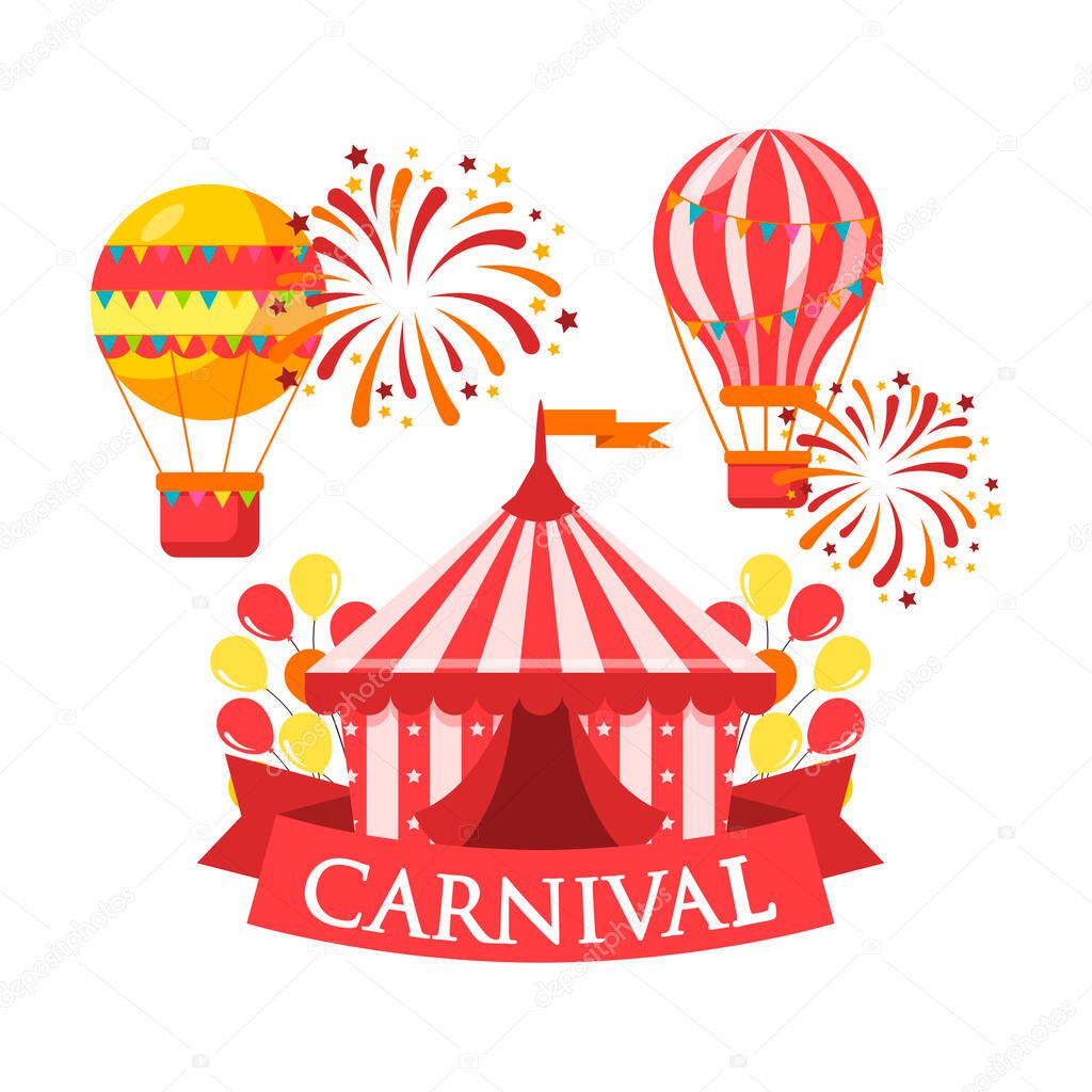 Festive mood. Carnival title with colorful elements. Amusement park, circus