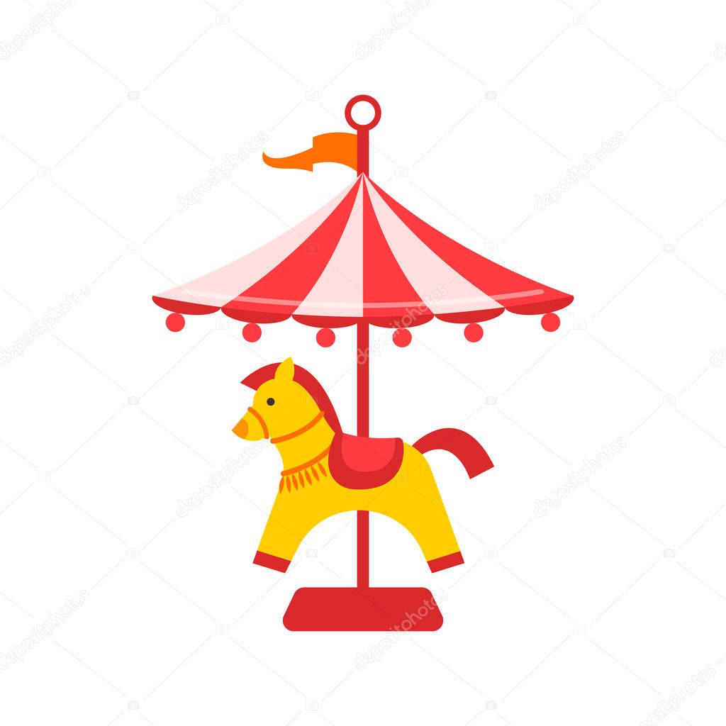 Vector flat amusement park concept. Merry go round, Funfair carnival vintage flying horse carousel colored icon. Isolated illustration on a white background.