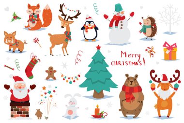 Hayvanlar ve Noel Baba 'nın Noel ve Yeni Yıl elementleri. Vektör illüstrasyonu.