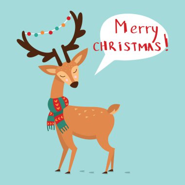 Güzel boynuzları olan atkı takmış şirin bir Noel geyiği. Vektör illüstrasyonu.