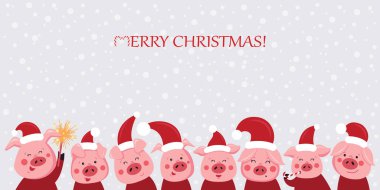 Süslü tatil kartları için komik ve şirin domuzlar. Noel domuzları. Vektör illüstrasyonu.