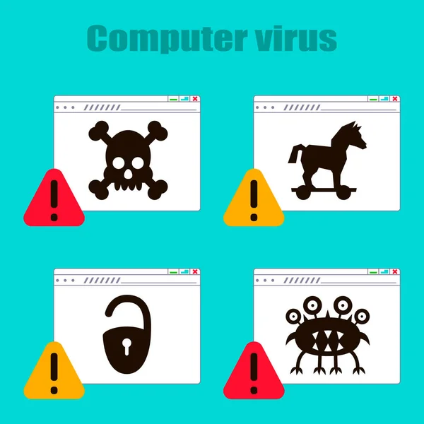コンピュータウイルス トロイの木馬 ウイルス インターネットページ上の頭蓋骨のテーマにアイコンのセット ベクターイラスト — ストックベクタ