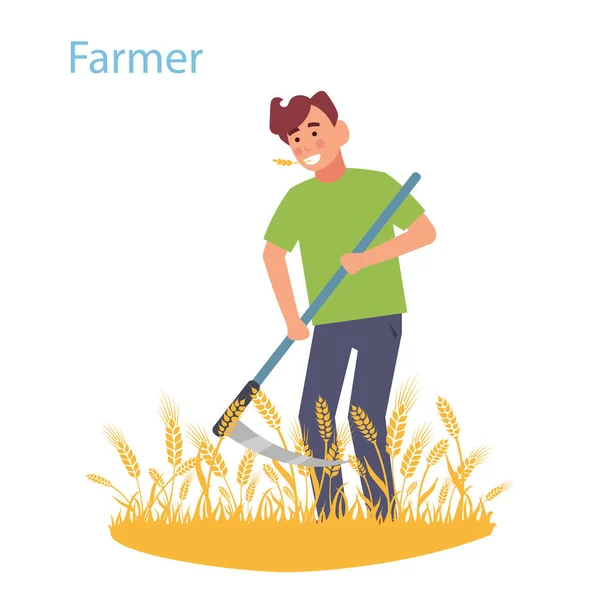 Bir Çiftçi Tarlayı Buğday Tırpanı Ile Biçer Vektör Illüstrasyonu — Stok Vektör