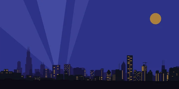 Vektör çizimi. Gece şehri, evler yüksek binalar