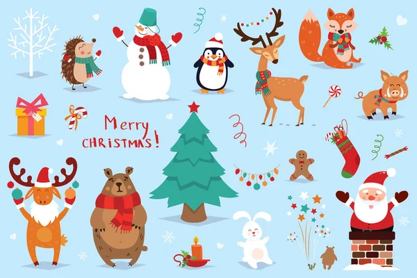 Hayvanlar ve Noel Baba 'nın Noel ve Yeni Yıl elementleri. Vektör illüstrasyonu.