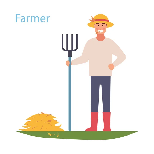 Illustration Farmer Standing Next Hay Holding Pitchfork — Stock Vector