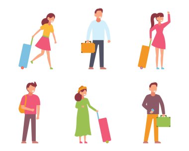 Seyahat eden insanlar, farklı poziyon ve bagajlarda kadın ve erkeklerle izometrik ikonlar, izole vektör çizimleri..