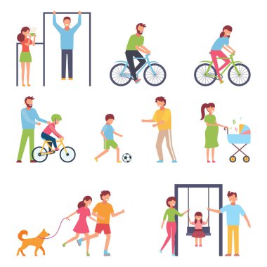 Aktif bir yaşam tarzı ve ailesi olan bir grup insan. İzole edilmiş beyaz arkaplanda basit bir şekilde vektör illüstrasyonu.