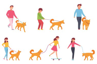 Bir grup karakter bir köpekle yürüyor. İzole edilmiş beyaz arkaplanda basit bir şekilde vektör illüstrasyonu.