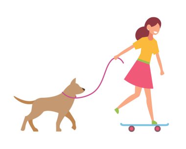 Kaykaylı bir kız yanında bir köpek taşıyor. İzole edilmiş beyaz arkaplanda basit bir şekilde vektör illüstrasyonu.