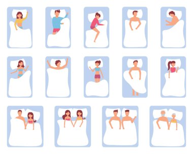 Farklı Uyku Pozisyonları Seti. Genç karikatür düz adam uyku kompozisyonu vektör illüstrasyonu, yatakta yastık üst görünümü, farklı pozisyon.