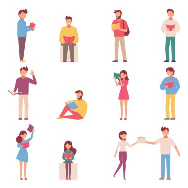 Kitap okuyan bir grup insan. Basit biçimdeki vektör illüstrasyonu.