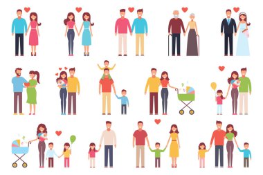 Mutlu bir aile. Hazır ol. Onwf tasarımı, anne, kız ve oğul, koca, eş, büyükanne, büyükbaba Vector illüstrasyon beyaz arka plan