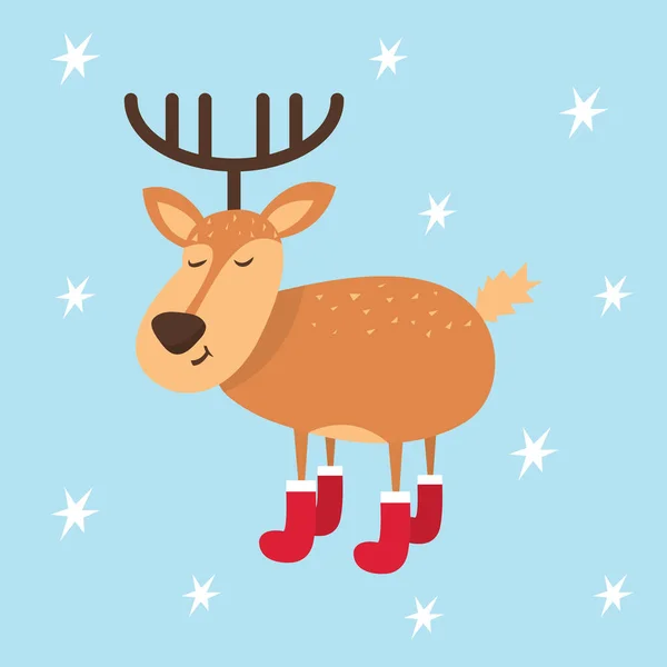 Linda Tarjeta Navidad Con Divertidos Ciervos Botas Fieltro Diseño Dibujado — Vector de stock