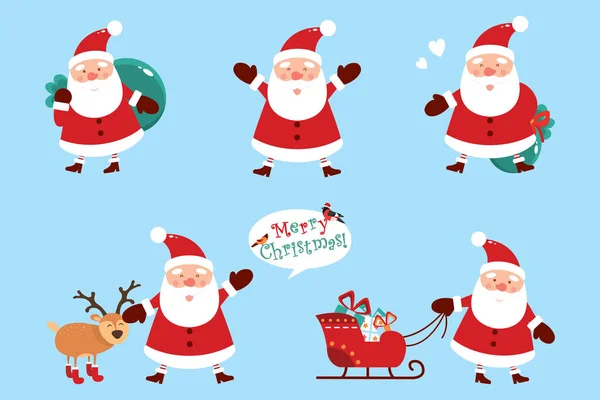 Set Van Kerstmannen Met Geschenken Een Blauwe Achtergrond Vectorillustratie — Stockvector