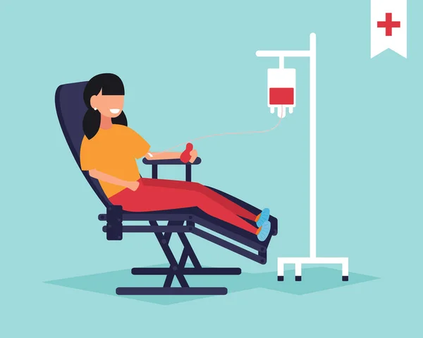 Girl Gives Blood Sitting Medical Chair Giving Blood Donated Blood — Stock Vector