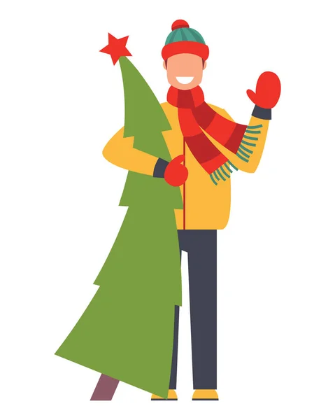 那家伙抱着圣诞树 圣诞快乐 新年快乐 矢量说明 — 图库矢量图片