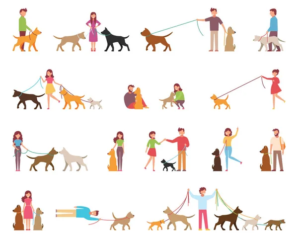 Gençler köpekleri gezdirir. Kayaların çeşitleri. Köpek, sahibinin yanında tasmalı. Beyaz arkaplan çizgi filminde düz bir şekilde vektör illüstrasyonuName.
