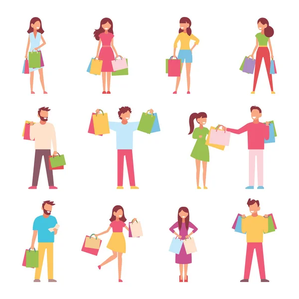 Set Characters Purchases People Packages Vector Illustration Flat Design — Stock Vector