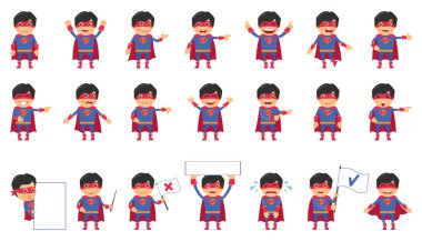 Beyaz arka planda izole edilmiş güçlü adamları olan süper kahraman ikonu seti. Vektör illüstrasyonu.