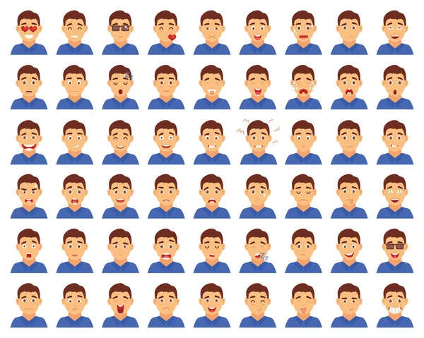 Bir grup erkek emoji karakteri. Çizgi film tarzı duygu simgeleri. İzole edilmiş çocuklar farklı yüz ifadeleri olan avatarlar. Düz resimli erkeklerin duygusal yüzleri. El çizimi vektör simgesi