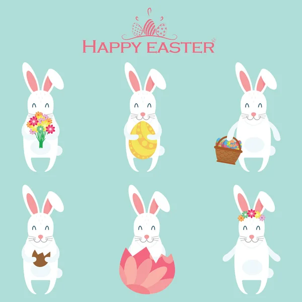 Conjunto de conejitos de Pascua de dibujos animados con varias variaciones. Ilustración vectorial — Vector de stock