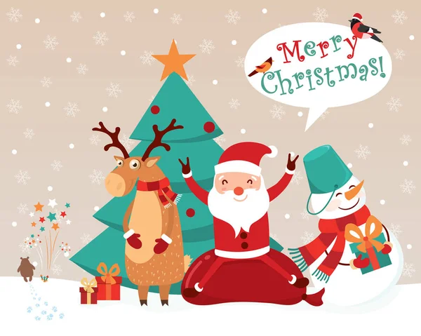 Рождественская открытка со смешными мультяшными персонажами. Снеговик с ведром, Санта на мешке с подарками, олень в шарфе и варежках, медведь запускает фейерверк и бульфинчи. Вектор. — стоковый вектор