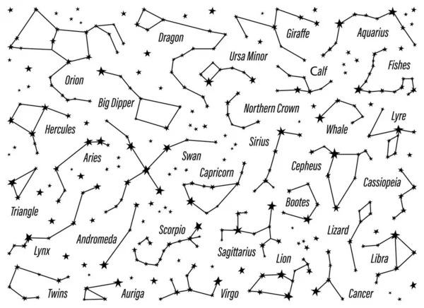 Un conjunto de constelaciones del zodiaco. Espacio y estrellas. Ilustración vectorial sobre fondo blanco aislado — Archivo Imágenes Vectoriales