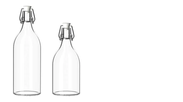 Beyaz arka planda plastik mantarlı iki şeffaf cam şişe.