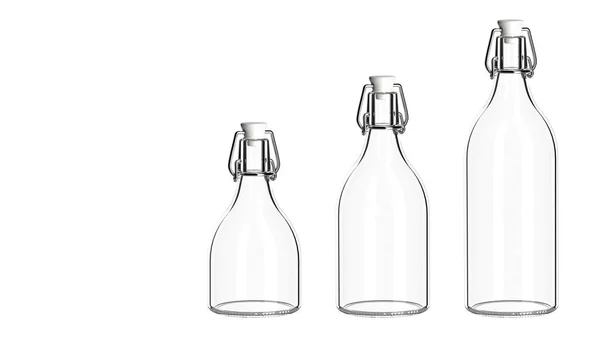 Три прозорі скляні пляшки з пластиковими пробками на білому тлі — стокове фото