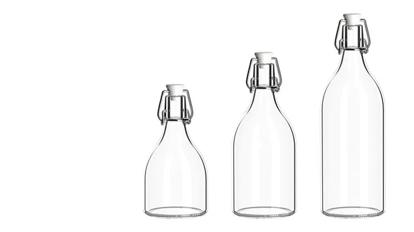 Beyaz arka planda plastik mantarlı üç şeffaf cam şişe.