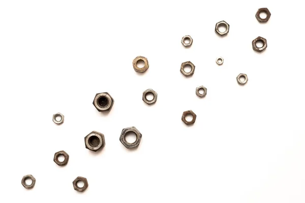 Metal Nuts White Background Bottom Background Car Bicycle Scooter Repair — Stock Photo, Image