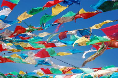 Lhasa, Tibet 'te rüzgarda dalgalanan renkli Tibet bayrakları