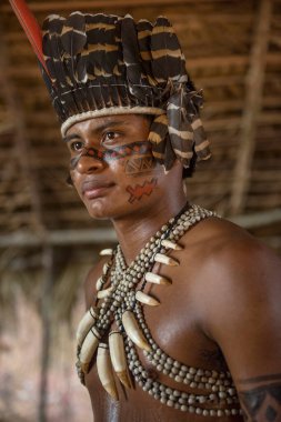 Manaus, Amazonas, Brazil - August 16, 2016: Indigenous Brazilian at Dessana Village, a touristic village near Manaus clipart