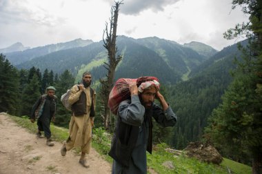 Pahalgam, Jammu ve Kashmir, Hindistan - 01 Ağustos 2011: Aru Vadisi 'ndeki Pahalgam kırsalında yürüyen Gujjar etnik köken çingeneleri