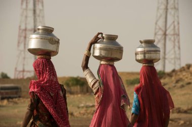 Jaisalmer, Rajasthan, Hindistan - 19 Ağustos 2011: Thar Çölü köyünde kafalarında su kavanozları taşıyan üç Rajasthani kadını - iş yerinde su kaynakları / kadınlar / Rajasthan yaşam tarzı