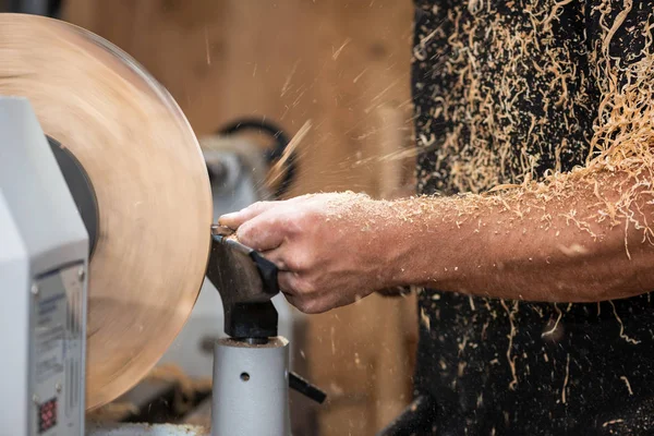 Sawdust Shavings Wood Turnery While Making Handcrafted Bowl — Stock Photo, Image