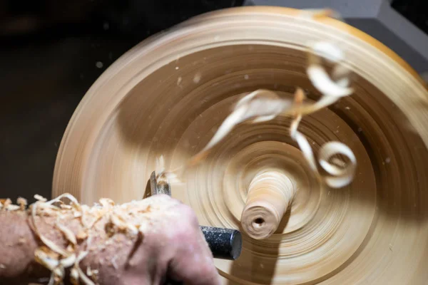 Wood Shavings Motion While Turnery Wooden Bowl Chisel — Stock Photo, Image