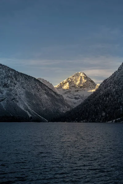 Illuminato Montagna Innevata Thaneller Picco Lago Plansee Inverno — Foto Stock